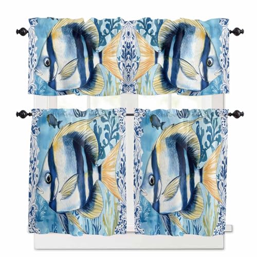 Summer Ocean Fish Kitchen Curtains 24 Inch Length,3 Piece Rod Pocket Small Half Tiers and Valance Set,Coastal Watercolor Stripe Seaweed Plant Small Large Window Treatment Decor for Bedroom/Bathroom
