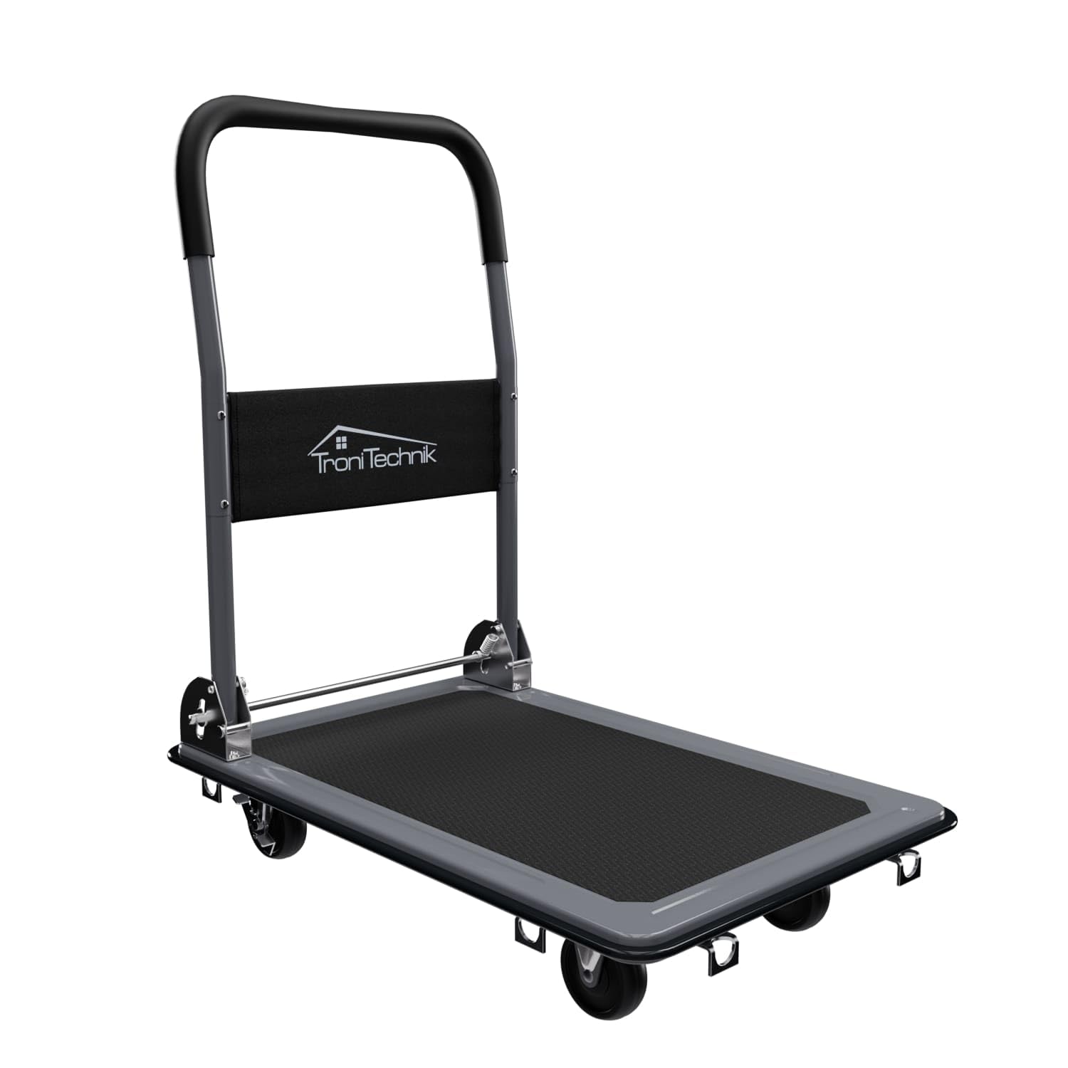 TroniTechnik® Transportwagen Paketwagen Plattformwagen klappbar mit Lenkrollen 150 kg Tragkraft mit Antirutschbeschichtung, Griffpolster, Halterungen - Ladefläche 72x48 cm