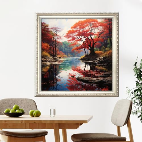 Image of Leczany Cross Stitch Stamped Kit for Adults - Beautiful Riverside Scenery | DIY Embroidery Starter Patterns Craft Kit Needlepoint for Beginner | 11CT, 3 Strands | 17.7x17.7 inches