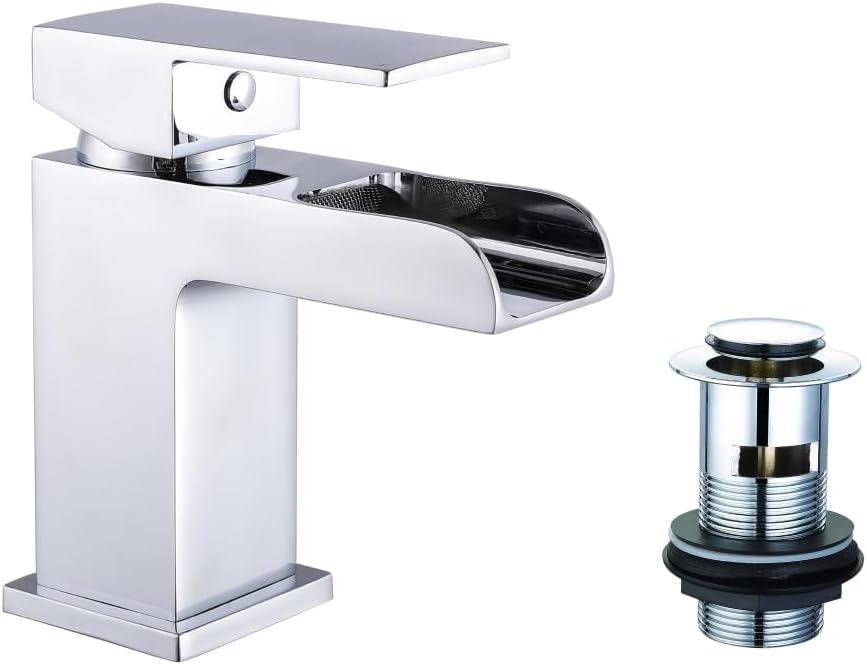 Veebath Square Waterfall Mono Basin Mixer Tap with Pop Up Waste, G1/2" Skink Taps for Bathroom with Chrome Finish, Modern and Luxury Design Square Bath and Basin Taps,