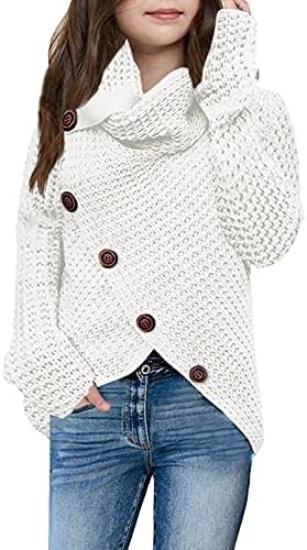 Haloumoning Girls Sweaters Button Turtle Cowl Neck Asymmetric Hem Wrap Pullover Sweaters for Girls White