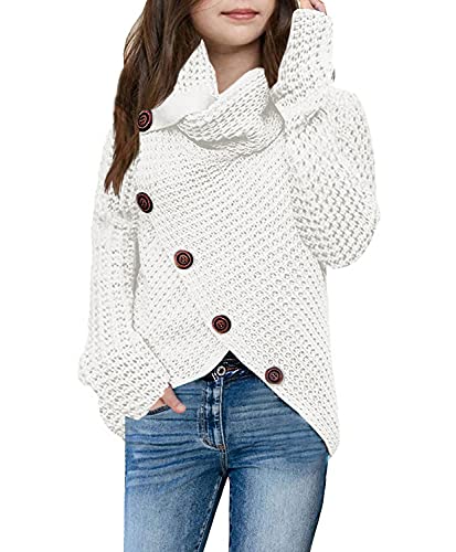 Haloumoning Girls Sweaters Button Turtle Cowl Neck Asymmetric Hem Wrap Pullover Sweaters For Girls White #TOP10