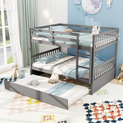 Giantex Full Over Full Bunk Bed with Trundle Solid Wood Trundle Bed Frame w/Guardrails and Ladder Convertible to 2 Beds Full Size Bunk Beds for Adults Kids Teens No Box Spring Needed Grey