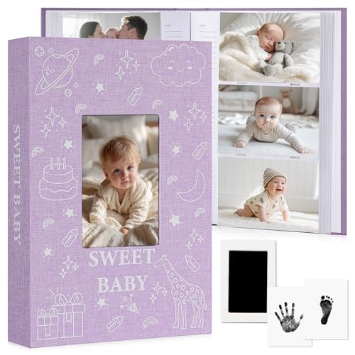 EARLY MINDS Baby-Fotoalbum 10x15 300 Taschen mit Memo-Bereich & Hand- und Fußabdruck-Kit, Leinenabdeckung, Einsteck-Erinnerungsbuch mit Frontfenster, säurefrei für Neugeborene Jungen Mädchen (Rosa)