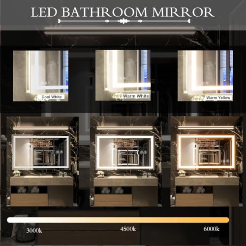 Image of LED Bathroom Mirror with Front Light | 3 Color Modes, Dimmable, Defogger & Memory Function | Modern Vanity Wall Mirror (60X90 CM)