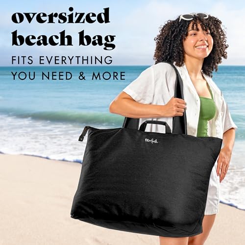 Image of Fit & Fresh XL Beach Tote Bag for Women - XL Travel Tote with Zipper & Pockets, Oversized Canvas Pool Bag, Weekender Carry-On