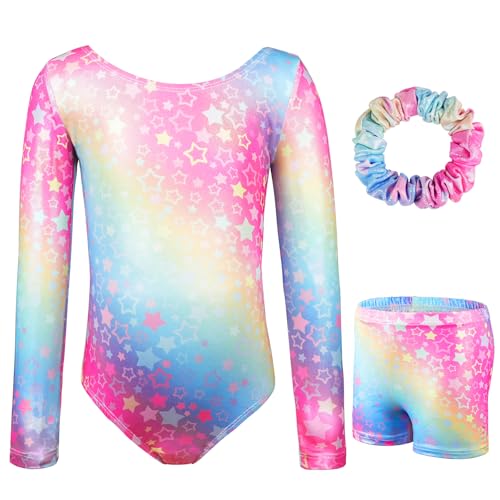 AOOWU Ensemble Gymnastique, 3PCS Justaucorps Gymnastique Enfant Brillant Couleur Dégradée avec Short et Bandeau, Costume Patinage Artistique Danse Ballet, Tenue de...