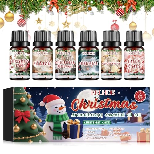 6 x 10ML Navidad Aceites Esenciales para Humidificador, Natural Aromaterapia Aceites Aromáticos Set, aceites Esenciales para Difusor, Pastel de Navidad, muérdago, Bastones de caramelo, ponche de huevo