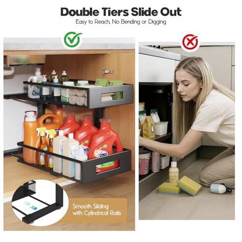 Image of 2 Packs 19IN Depth Under Sink Organizer, 2-Tier Pull Out Cabinet Organizer With Smooth Circular Rail, Large Capacity Metal Mesh Sliding Drawers For Bathroom& Kitchen Storage,Height Adjustable -Black