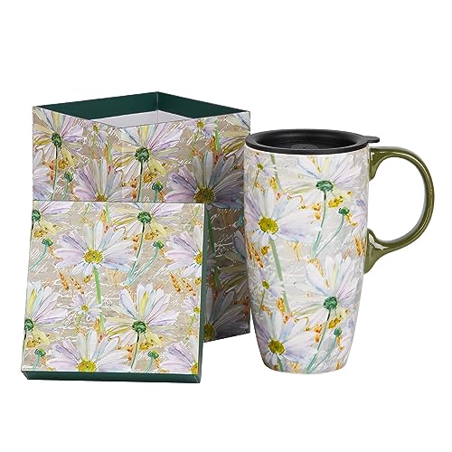 DUSVALLY Ceramic Mug Large Coffee Cup Tall Mugs Porcelain Latte Tea Cup with Lid 17oz,Daisy