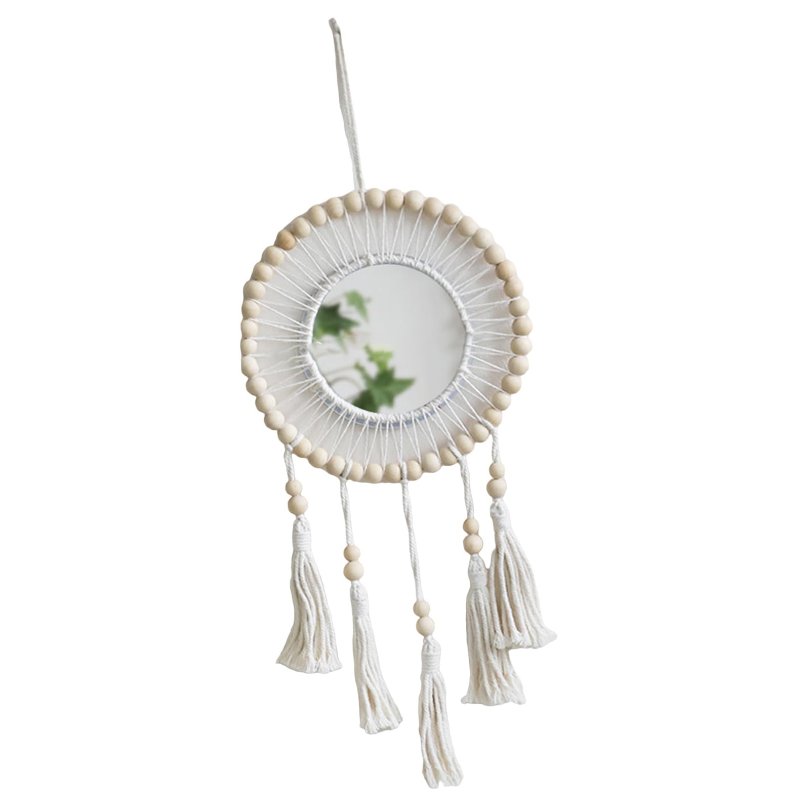 Wood Beads Embellished Mirrored Woven Fringed Tassels Wall Hanging Tapestrys Mirrored for Living Room Decors Handcrafts Beaded Tapestrys