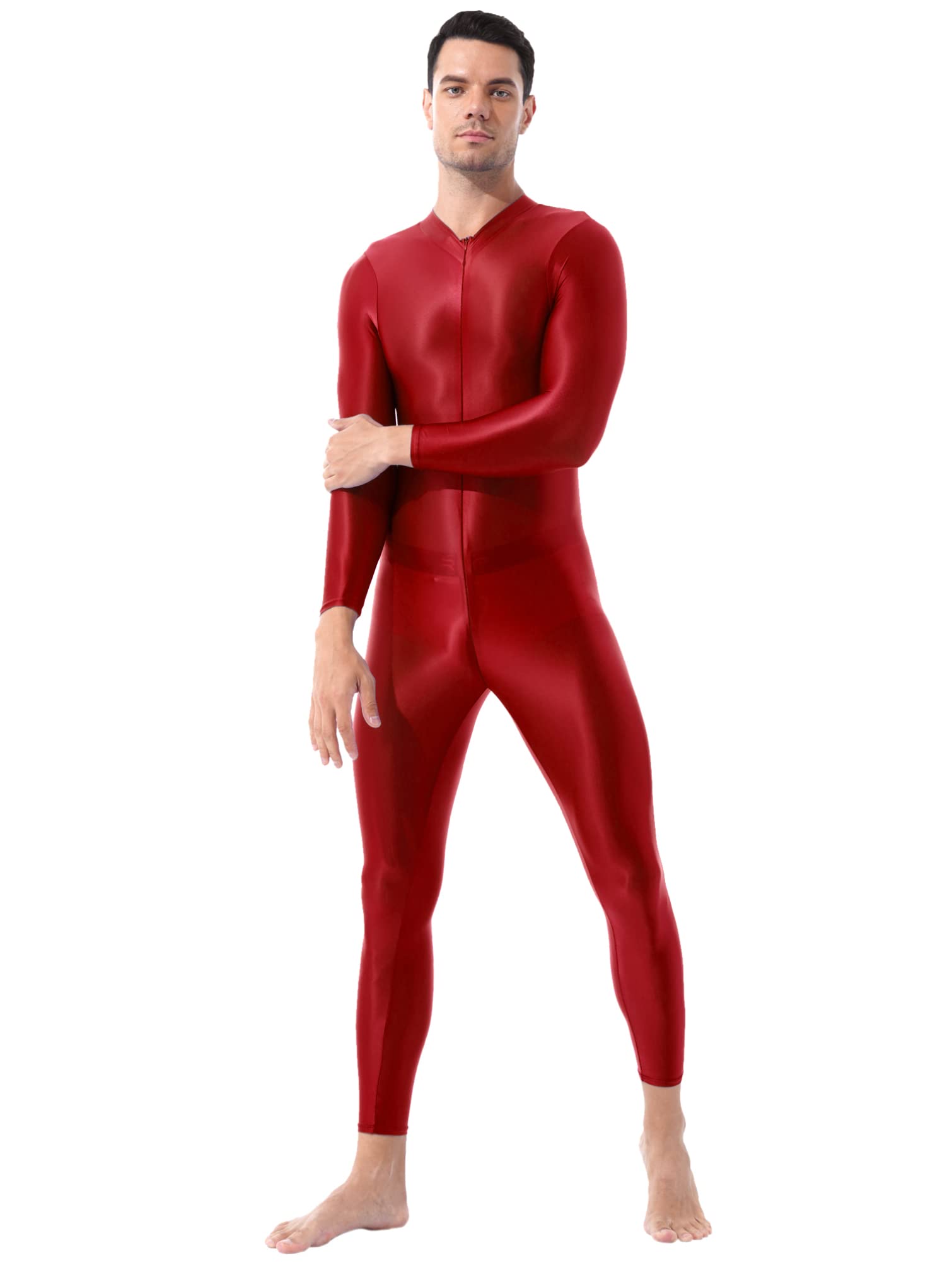 TiaoBug Body Uomo Bodystocking Metallico Lucido Tuta Intera Jumpsuit Leggings con Cerniera Bodysuit Manica Lunga Catsuit Body da Ginnastica Monopezzo Biancheria Intima