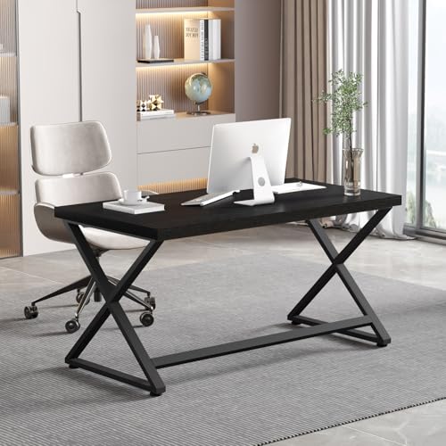 IBF Black Computer Desk, Simple Work Desk for Home Office, Industrial Writing Study Desk in Bedroom, Modern Wood Metal Pc Gaming Laptop Workstation Executive Computer Table, Black Oak, 47 Inch