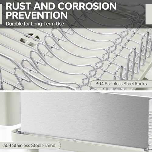 Image of Stainless Steel Dish Drying Rack - Large Capcity 304 Grade Dish Drainer for Kitchen Counter with Drain Board, Utensil Holder & Detachable Cup Shelf, Rustproof Multifunctional Organizer, Light Green