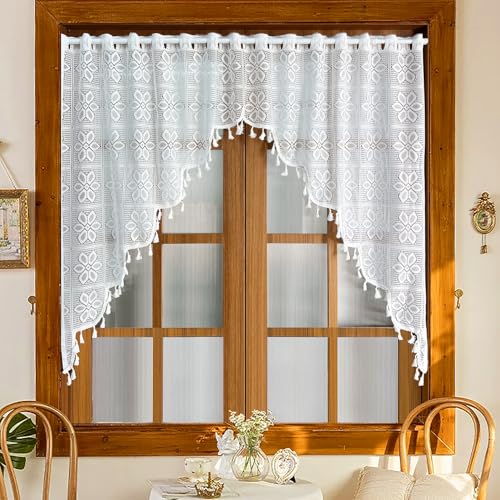 Gxi White Lace Kitchen Curtain Swag Boho Sheer Valance Tassels Rod Pocket Voile Panel Short Window Treatment Swag for Bathroom Basement Living Room Bedroom Small Windows, 1 Panel W59 x L39 inch