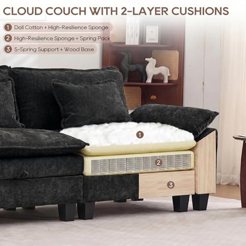Image of IPKIG 117 inch Modular Cloud Couch with Storage, L Shaped Sectional Sofa with Ottoman & Pillow, Chenille Deep Seat Sectional Couches for Living Room, Apartment, Black