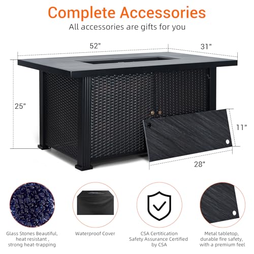 52 Inch Propane Fire Pit, CSA-Listed Outdoor Gas Fire Pit Rectangular Tabletop with Lid, 50,000 BTU Steel FireTable with Rain Cover Glass Wind for Outside Patio Yard Balcony, Black