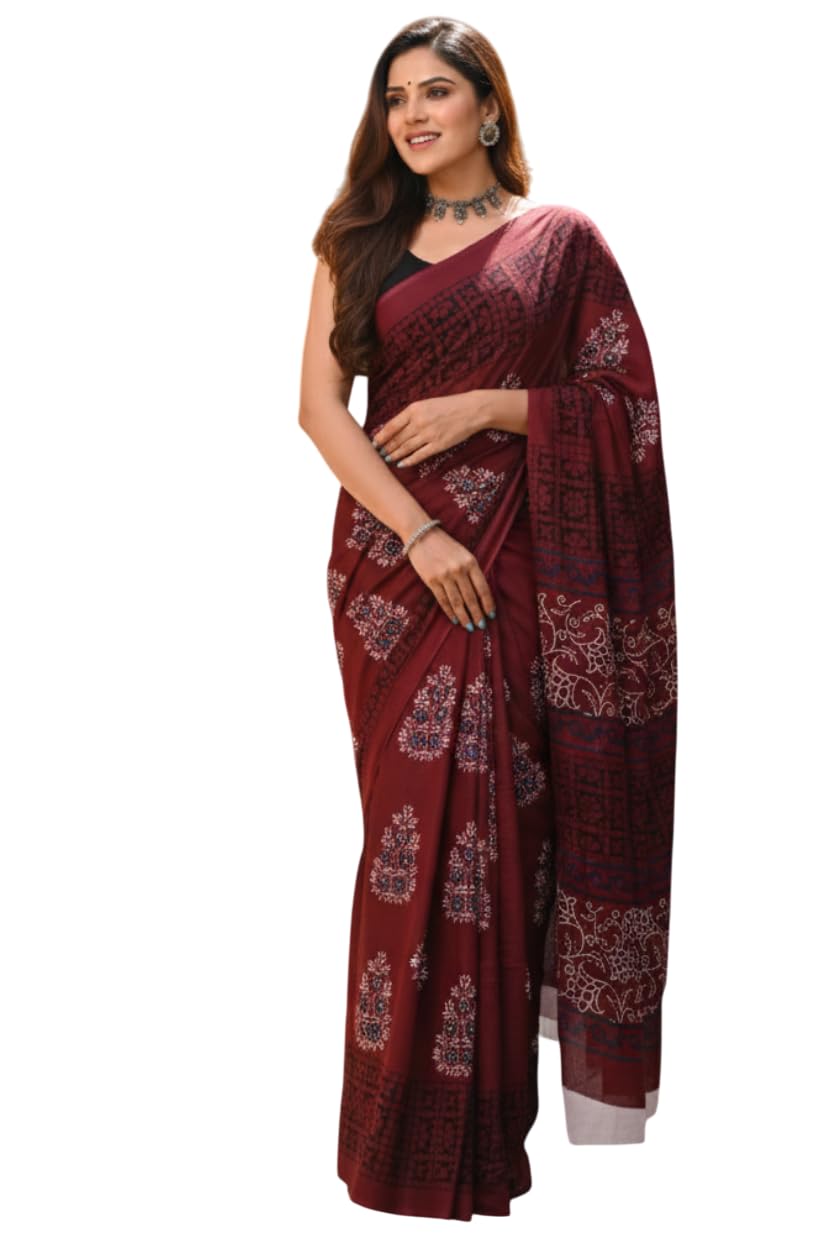 Mulmul Cotton Saree for Women with Unstitched Blouse Piece Hand Block Ajarak Bagru Print Ikat Batik Kalamkari Design-image-21