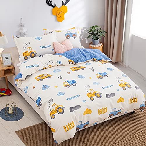 Kids Duvet Cover Set Queen, 100% Cotton Yellow Truck Tractor Bedding For Boys Girls, 3 Pieces Reversible Blue Plaid Cartoon Comforter Cover #TOP1