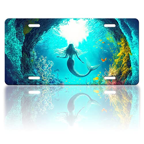 Mermaid License Plate Ocean Fish Animal License Plate Funny Stainless Steel Car Universal Accessory Vanity Tag for Us Canada Standard License Plate Holder for Men Women12.2