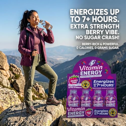 Image of Vitamin Energy Berry Vibe Extra Strength Energy Shot, 10 Pack - Up to 7 Hrs, 260mg Natural Caffeine, Zero Sugar - BCAAs + CoQ10, Focus Support, B12 B6 Niacin, 1.93 fl oz, Keto Vegan