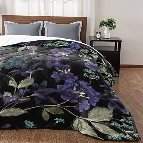 Quilt Full Luxury Quilted Comforter Bedspread-Thin Soft Cozy, Hand Drawn Dark Purple Floral Leaves Line Pattern Reversible Stitched Summer Lightweight Quilt Coverlet for All Season Full Size