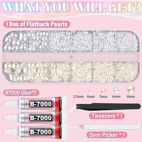 Image of Flatback Pearls for Crafting with 3Pcs 10ml B7000 Jewelry Glue, 1 Box of Half Round Beige and White Pearls, Bedazzling Beads for DIY Crafts Clothing Tumblers Shoes Embellishment Nail Art