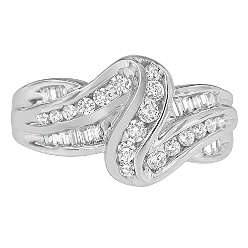 10K White Gold Ring Round and Baguette Cut Diamond Cross Over Ring (.75 cttw, H-I Color, I2-I3 Clarity)