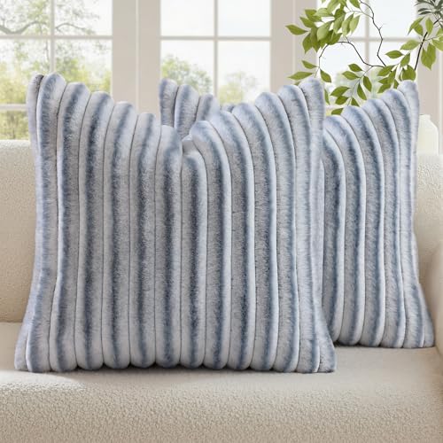 Image of decorUhome Fall Cozy Faux Fur Throw Pillow Covers 16x16 Set of 2 Decorative Soft Plush Striped Modern Farmhouse Boho Couch Pillow Cases with Velvet Back for Sofa Bed Living Room, Grey White