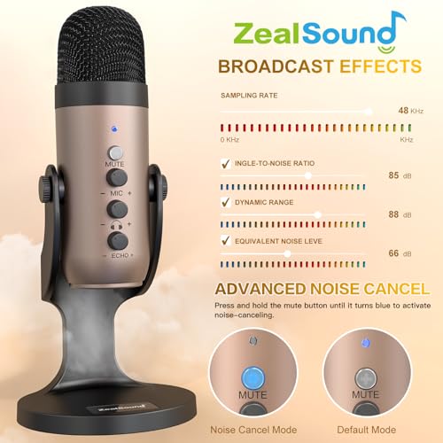 Image of ZealSound Podcast Microphone for PC, Noise Cancellation USB Mic with Gain, Volume Adjustment & Mute Button, Monitoring & Echo, for YouTube, TikTok, Podcasting, Streaming, iPhone, iPad, Android, Mac