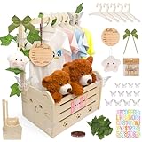FVNPIHAM Wooden Baby Shower Crate Closet, Cute Cat Baby Shower Closet Basket with Handle, Gender Reveal Storage Box for Pregnancy New Parent, Personalized Baby Gifts Basket