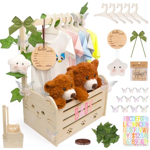 FVNPIHAM Wooden Baby Shower Crate Closet, Cute Cat Baby Shower Closet Basket with Handle, Gender Reveal Storage Box for Pregnancy New Parent, Personalized Baby Gifts Basket