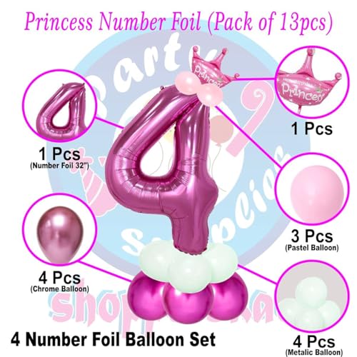 Image of Pink 32 Inches Numbers 4 Shape Large Big Foil Helium Balloons For Party Decorations In Happy Birthday Anniversary Office Items Materials Set Pack, Pack Of 1