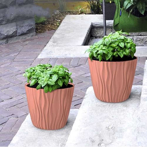 StyleX Store Plastic Round Flower Pots with Drainage Hole Saucers | Durable Outdoor Indoor Wave Pattern Planters with Tray | Plant Containers for Balcony, Garden, Office, and Home (Set of 5, Pink)