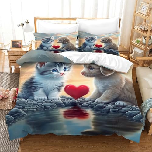 Housse de couette 140x200 chaton mignon parure de lit 3D fermeture éclair