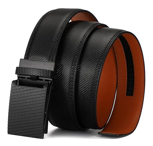 Men's Casual Business Belt Genuine Leather Solid Color Belts Ratchet Slide Waist Strap Adjustable Automatic Buckle