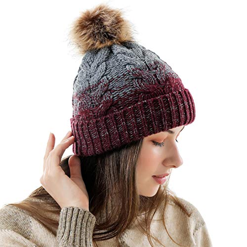 Kfnire Womens Filles Bonnet Hiver Chapeau, Femmes Hiver Bonnet Beanie Ticoté avec Chunky détachable en Fausse Fourrure Bobble Pom Pom Cap, Bonnet Doux Extensible Ski Snowboard Bobble