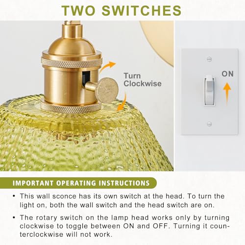 Image of Wall Sconces Set of Two Hardwired, Vintage Wall Light with Gradient Green Glass Lampshade, Bathroom Wall Sconces with Switch, Gold Wall Light Wall Decor Set of 2