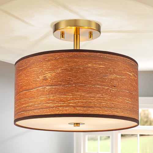 Pine Flicker 3-Light Solid Wood Drum Ceiling Lights, Farmhouse Style Semi-Flushmount Light Fixture for Dining Room, Living Room, Bedroom, D12 * H10 inch, Solid Wood Lampshade & Gold Finish