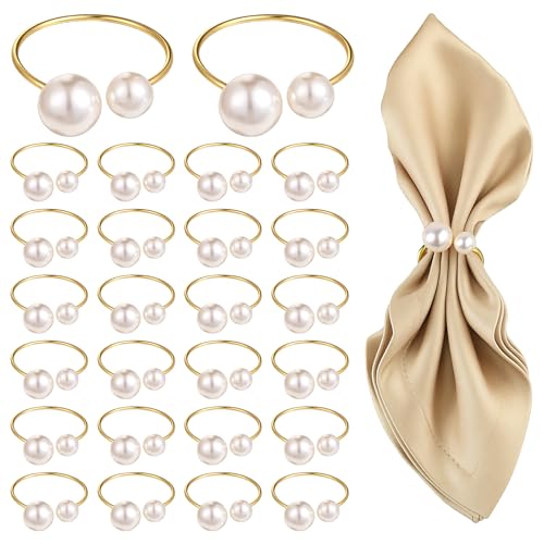 Set of 42 Pearl Napkin Rings, Gold Napkin Ring Holders with Faux Peals