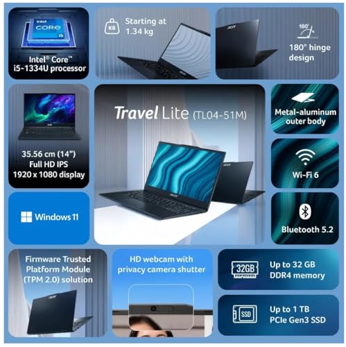Image of Acer Travel Lite (2026) Intel Core i5 13th Gen 1334U - (8 GB /512 GB SSD /Intel UHD Graphics /Windows 11 Home) TL04-51M Thin and Light Laptop /14.0 inch FHD Display /Black /1.4 Kg /MSO 2021 /1 Years Warranty
