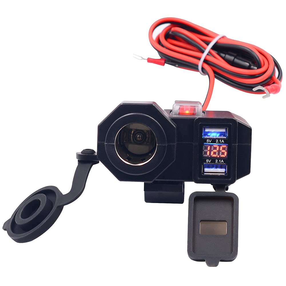 GOURIXIN Motorrad USB-Ladegerät,12V/24V Wasserdicht Dual USB Kfz Ladebuchse mit 140/150-CM-Kabel Doppelte Ladeanschlüsse Black