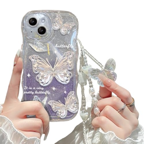 iPhone 15 対応 3Dバタフライデザイン iPhone用スマホケース キラキラ輝く立体蝶々&チェーン付き 耐衝撃 軽量 可愛い おしゃれ TPU素材 保護カバー (iPhone 15,パープル)