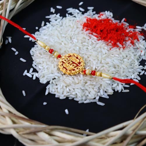 Image of DeoDap Bhai Rakhi for Brother with Effete Choco Beats Heart-Shaped Chocolates, Golden-Toned Centrepiece, Roli Chawal, Shagun Coin and Greeting Card