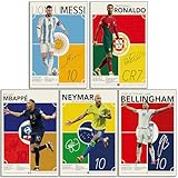 Ronaldo, Messi, Mbappe, Neymar, Bellingham Posters Soccer Canvas Art Poster Wall Art Print Set of 5 Gifts for Boys Living Room Bedroom Decor Unframed: 8x12inch(20x30cm)