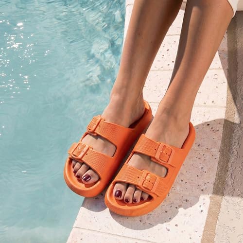 Image of CUSHIONAIRE Fame Pillow Recovery Sandals for Women, Adjustable Double Buckle Waterproof EVA Cloud Slides for Women