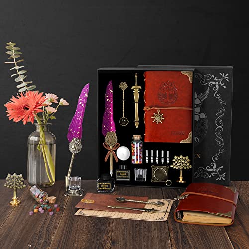 Tianren Quill Pen And Ink Set,Antique Feather Dip Pen,Antique Calligraphy Pen With 5 Replaceable Nibs,Wax Seal Stamp Kit,Wax Beads & Leather Writing Notebook Gift For Men&Women.(Purplered) #TOP6