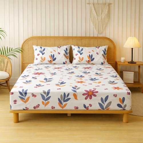 Image of Designer Floral Printed Flat Bedsheet for Double Bed 200tc to 220tc | Ultra Soft Cotton Fabric | King /Queen Size Top Sheet with 2 Matching Pillow Covers - 228 x 228 Cm, Light Pink