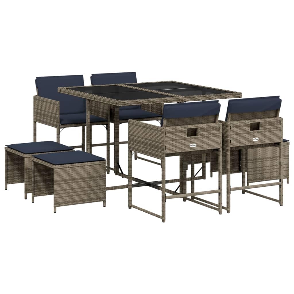 Salon de Jardin Encastrable 9 Pièces, Ensemble Table et Chaises en Résine Tressée Grise avec Coussin Bleu Marine, Mobilier de Repas Extérieur pour Terrasse et Balcon