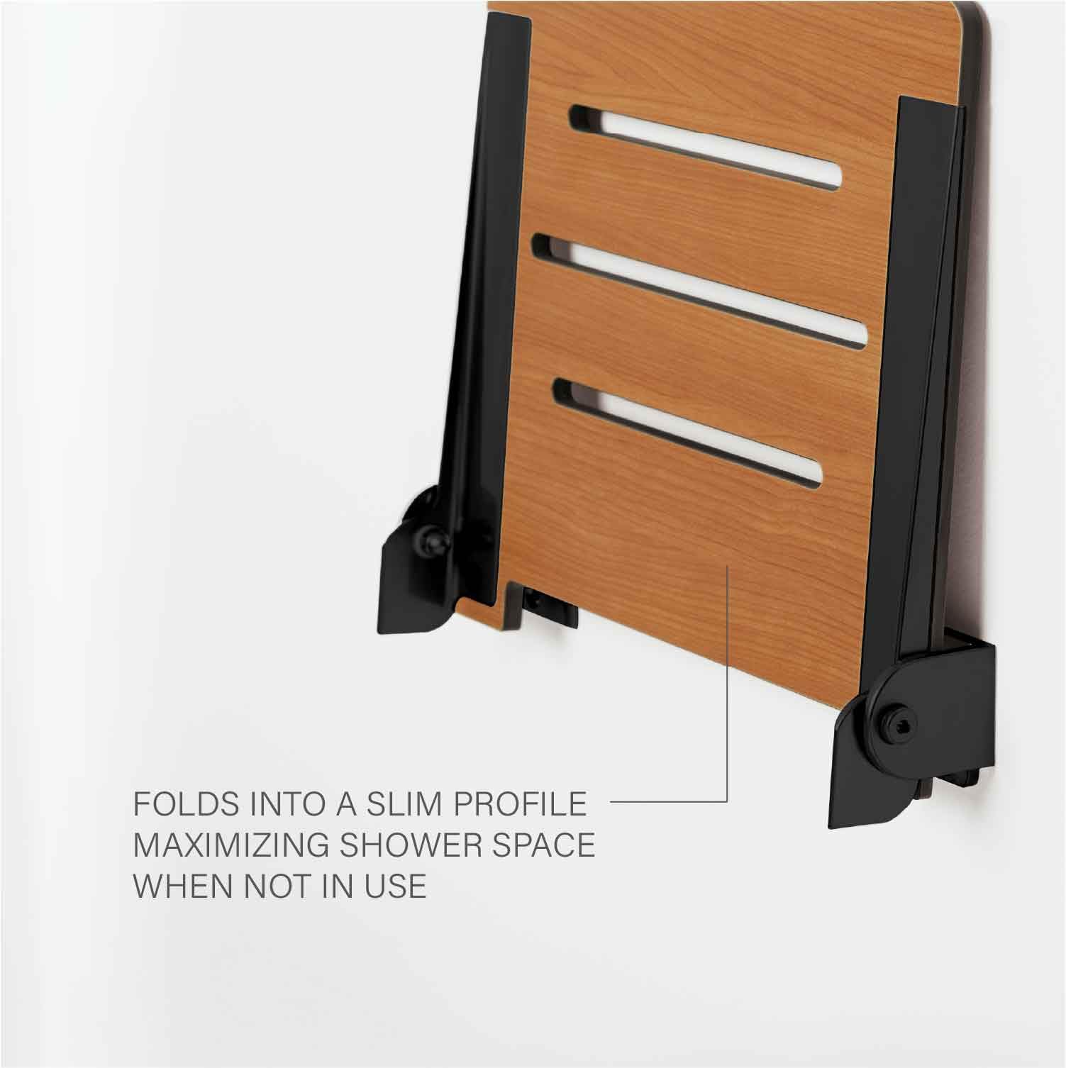 Seachrome Slimline - Ducha Plegable para Montar en la Pared, Asiento de Teca con Marco Negro Mate